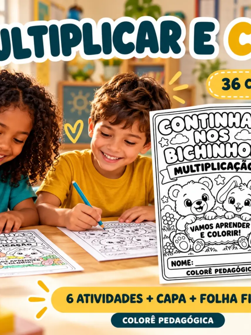 Capa de Atividades de Multiplicação para Imprimir – 36 Contas Montadas com Bichinhos | Dezenas e Centenas