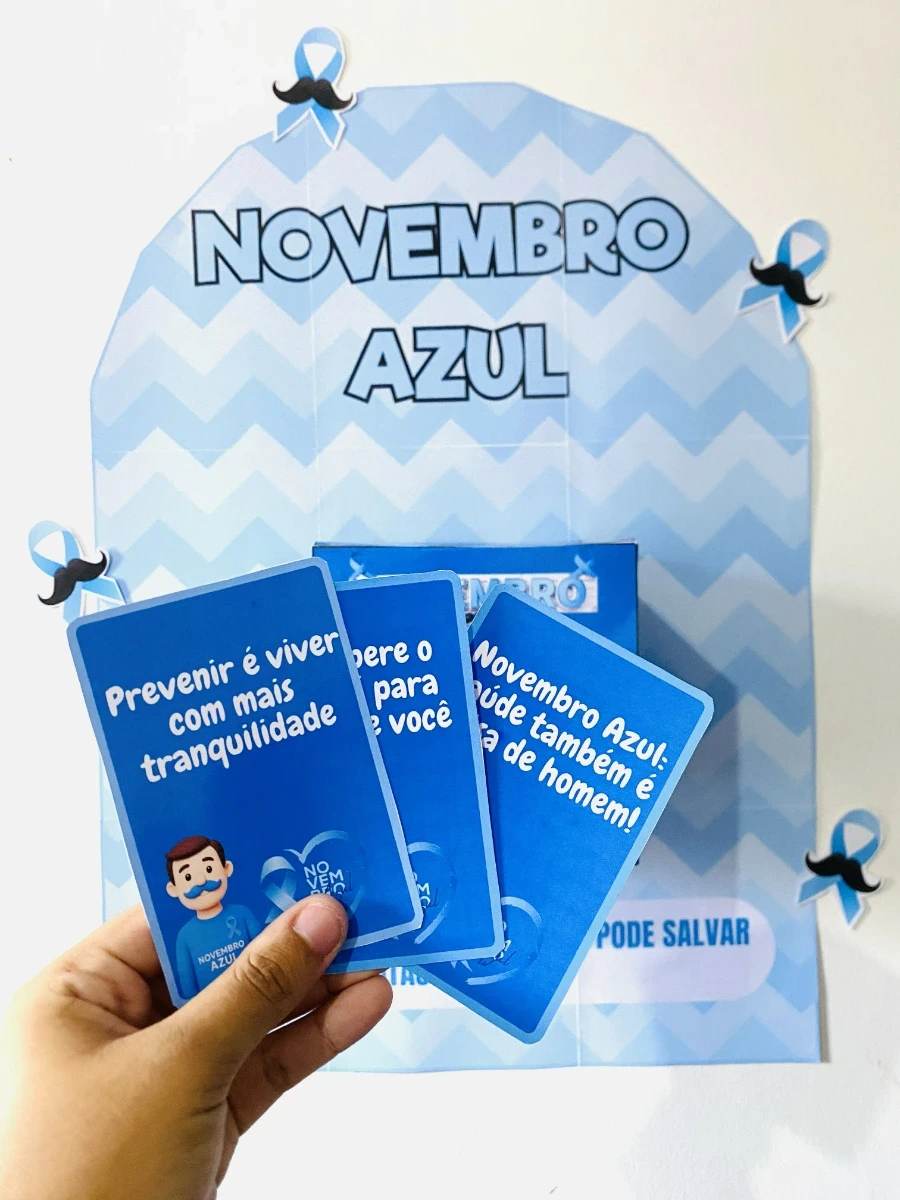REVENDA - Painel Novembro Azul com Caixa e 24 Fichas de Conscientização