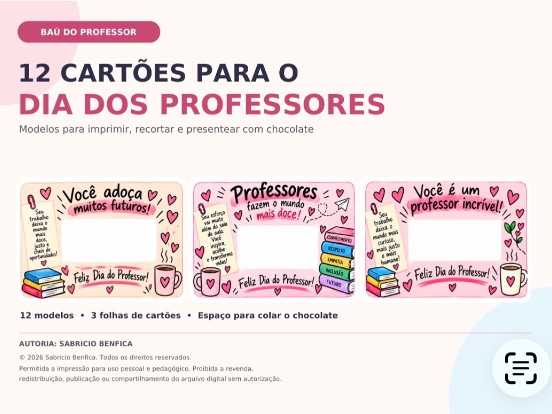 Capa de Dia dos Professores – 12 Cartões para Chocolate em PDF