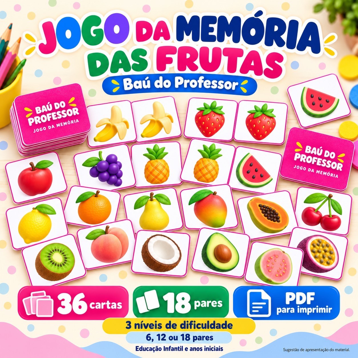 Capa de Jogo da Memória das Frutas para Imprimir — 18 Pares em PDF