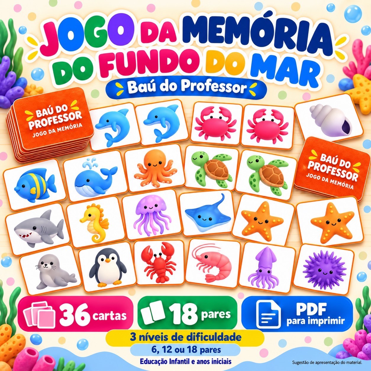 Capa de Jogo da Memória Fundo do Mar para Imprimir — 18 Pares PDF