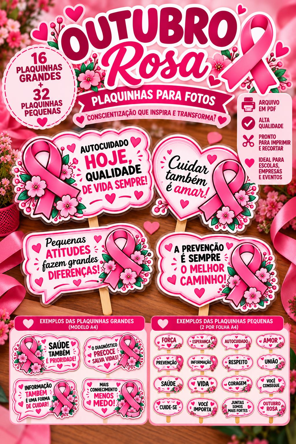 Capa de Outubro Rosa-16 Plaquinhas Grandes + 32 Plaquinhas Pequenas para Fotos