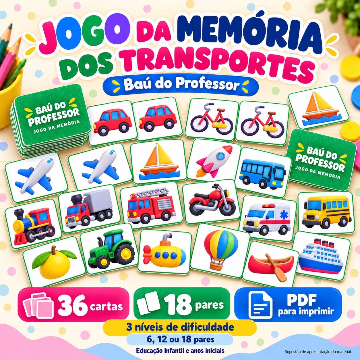 Capa de Jogo da Memória dos Meios de Transporte para Imprimir — 18 Pares PDF