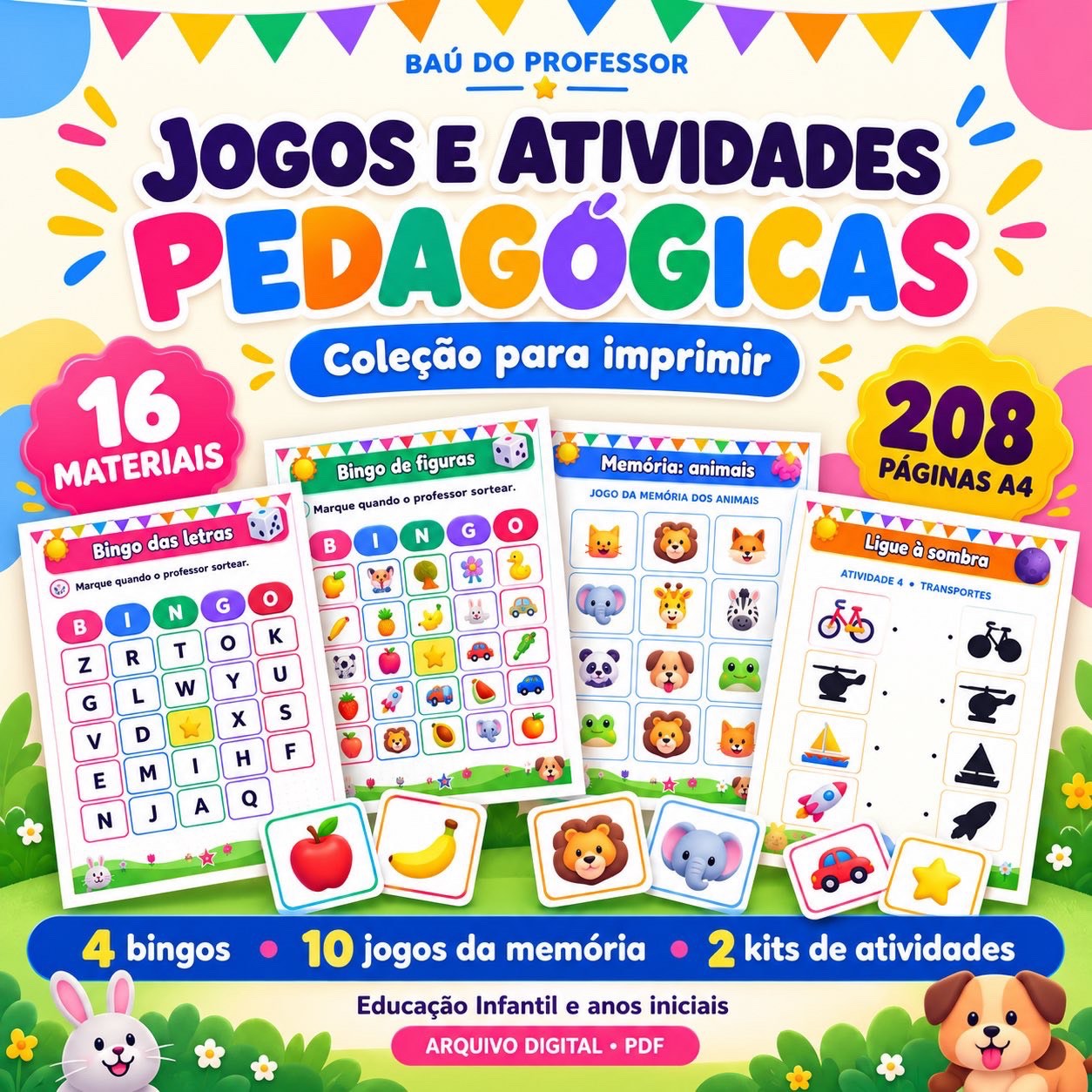 Capa de Kit de Jogos Pedagógicos para Imprimir — 16 Materiais em PDF |
