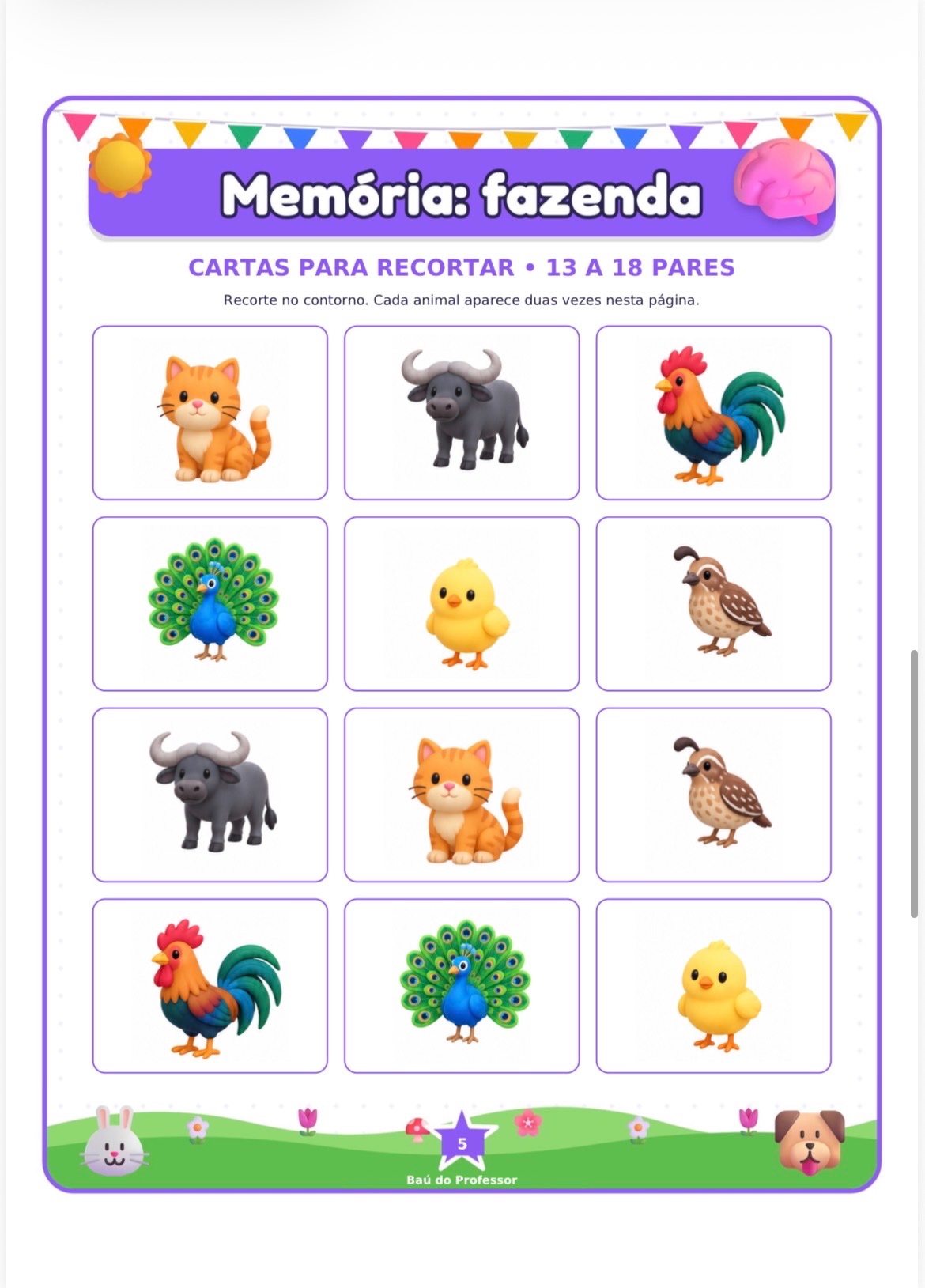 Capa de Jogo da Memória Animais da Fazenda para Imprimir — 18 Pares PDF