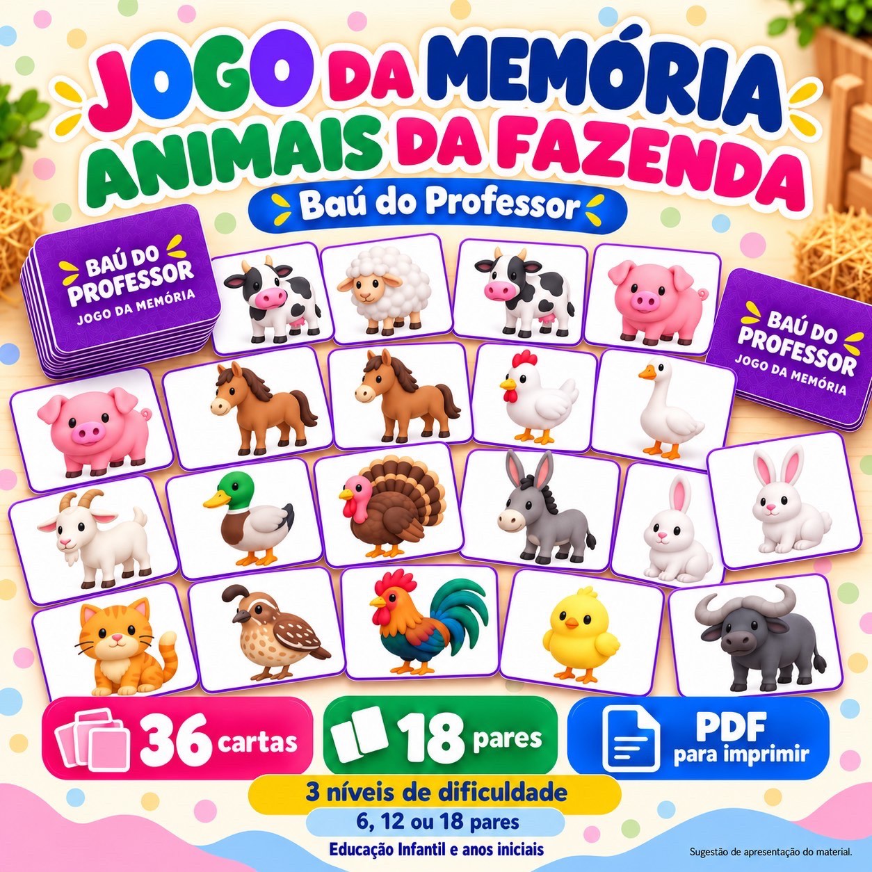 Imagem da galeria 1 de Jogo da Memória Animais da Fazenda para Imprimir — 18 Pares PDF