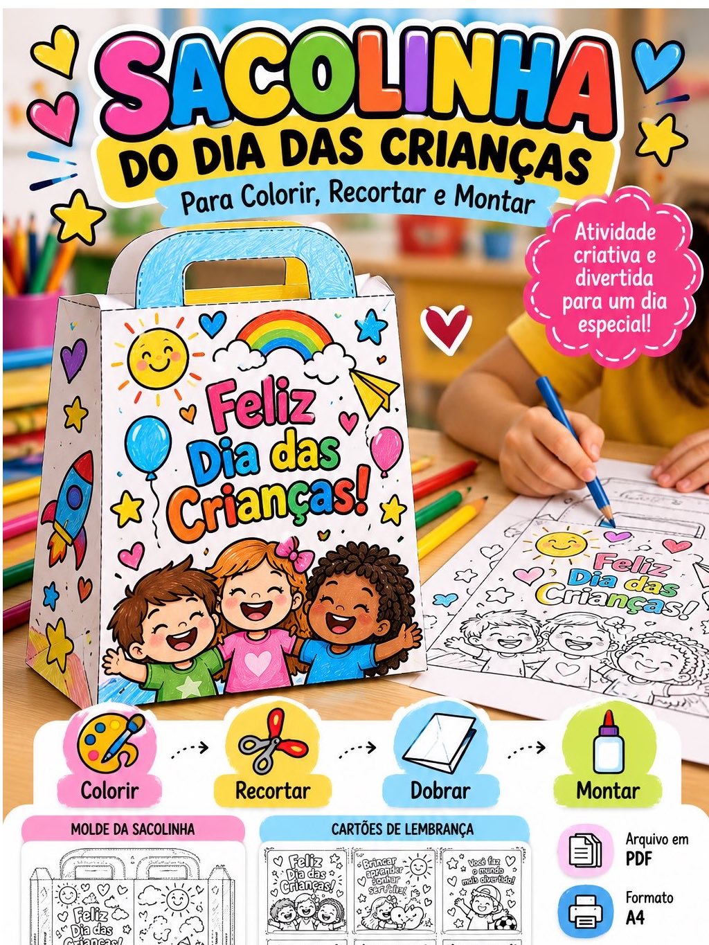 Capa de Sacolinha do Dia das Crianças para Colorir e Montar