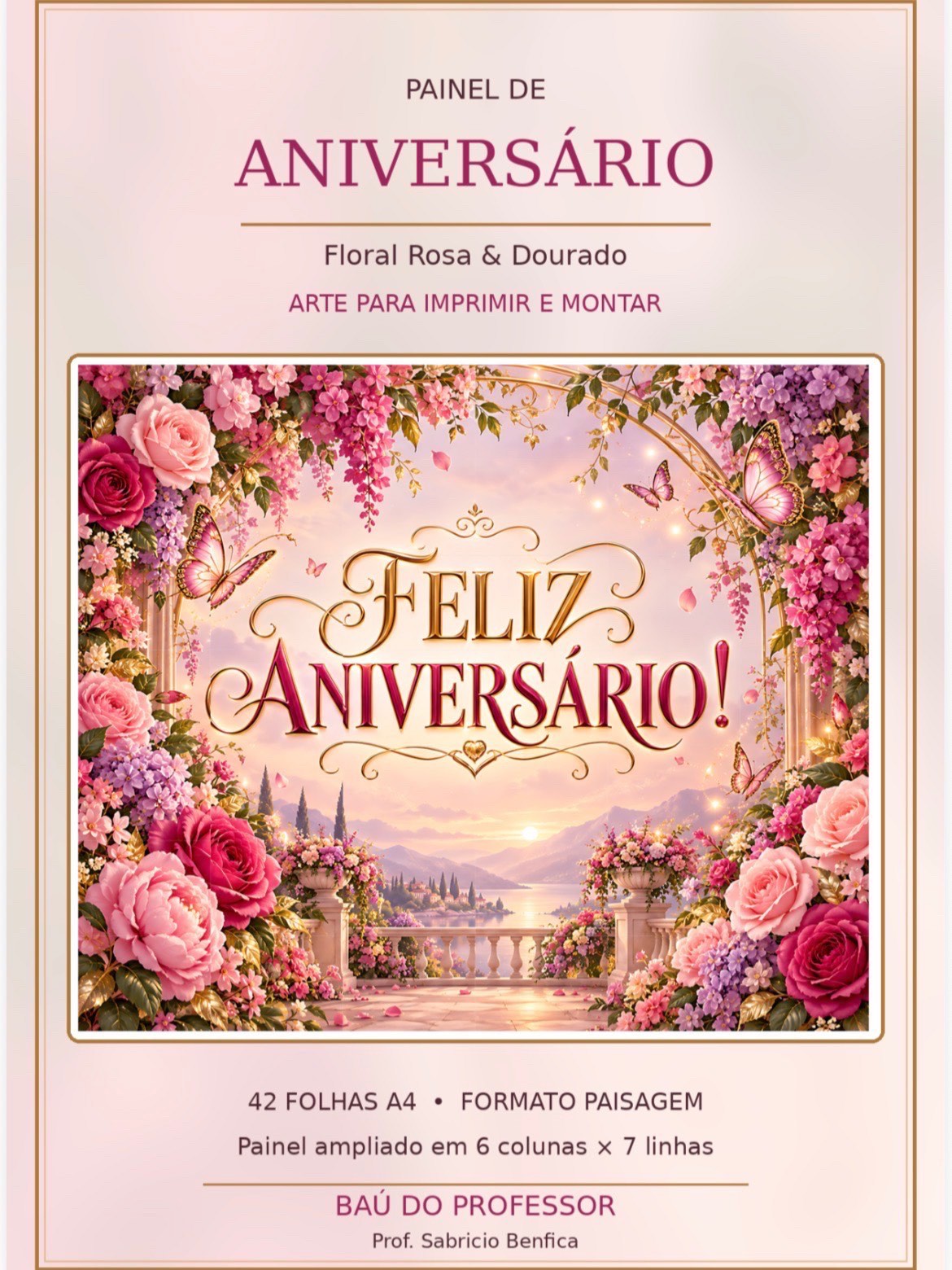 Capa de Painel Feliz Aniversário Floral Rosa e Dourado para Imprimir PDF