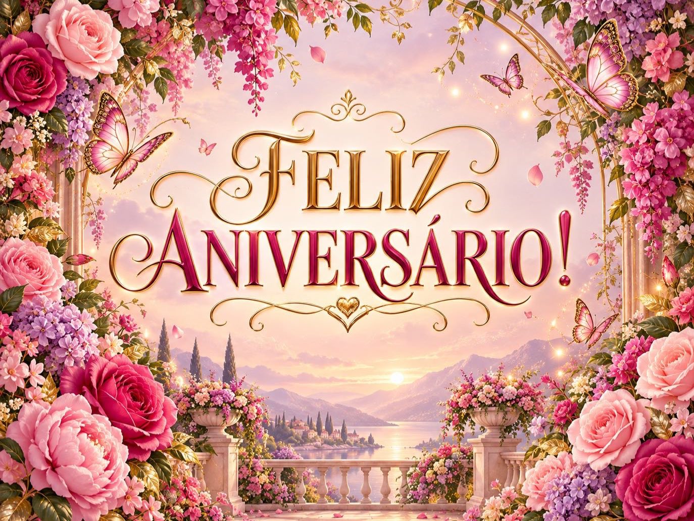 Imagem da galeria 1 de Painel Feliz Aniversário Floral Rosa e Dourado para Imprimir PDF