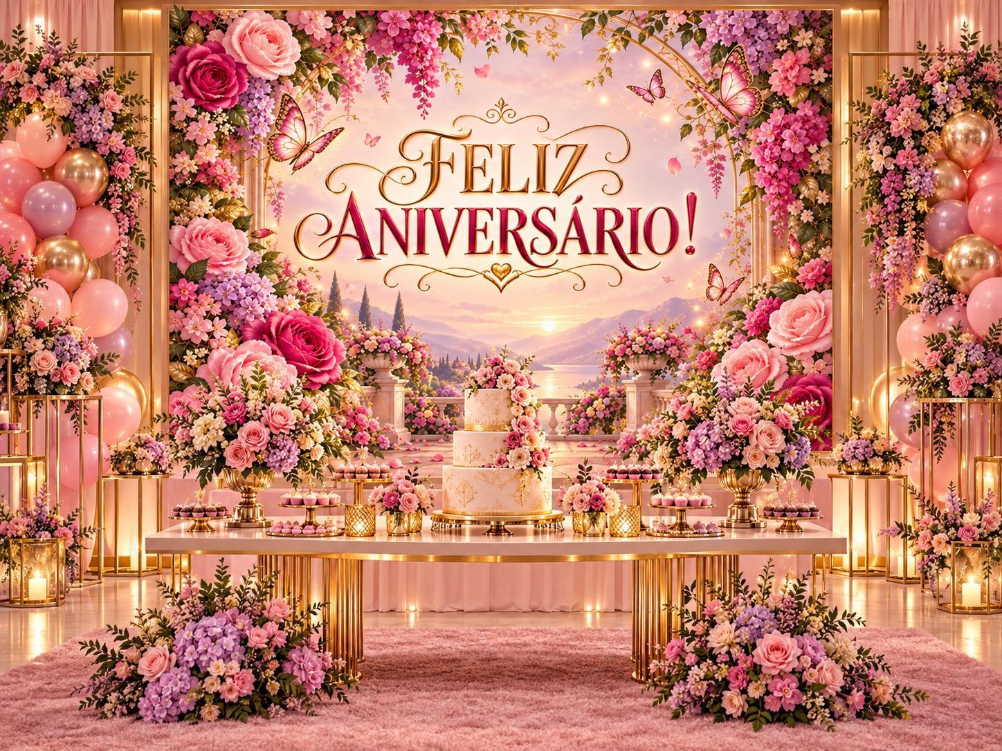 Imagem da galeria 2 de Painel Feliz Aniversário Floral Rosa e Dourado para Imprimir PDF