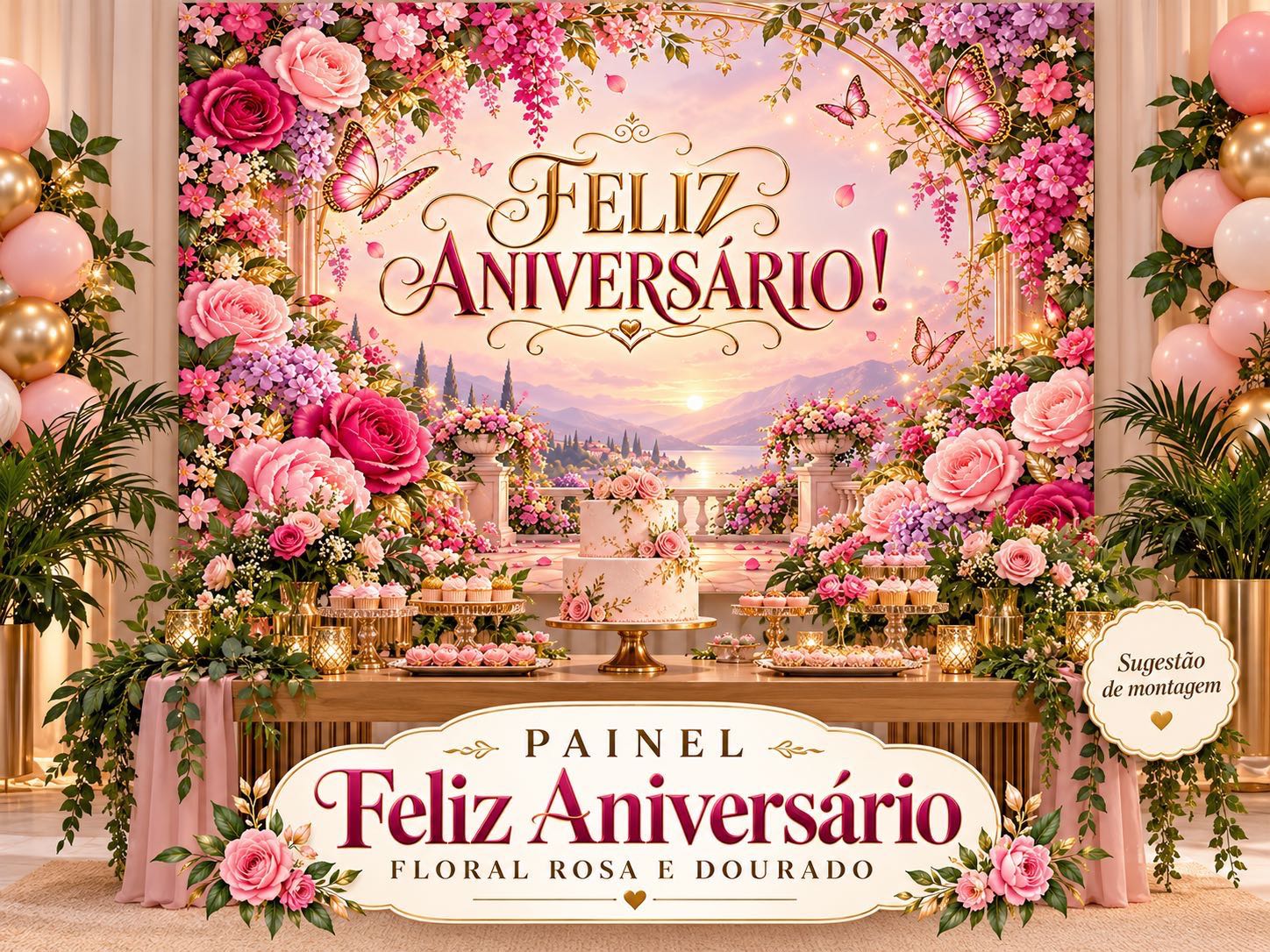 Imagem da galeria 3 de Painel Feliz Aniversário Floral Rosa e Dourado para Imprimir PDF