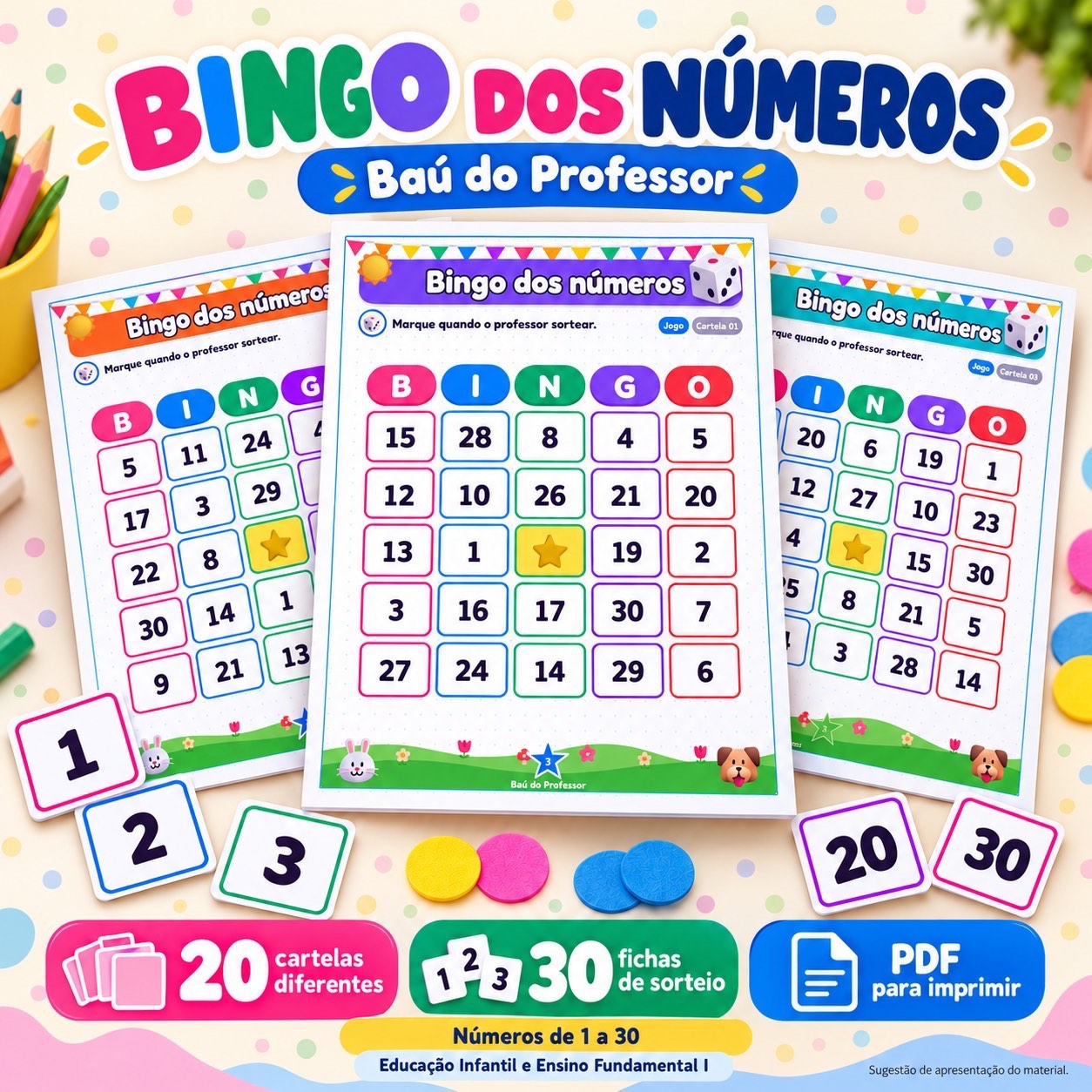 Capa de Bingo dos Números de 1 a 30 para Imprimir — 20 Cartelas PDF