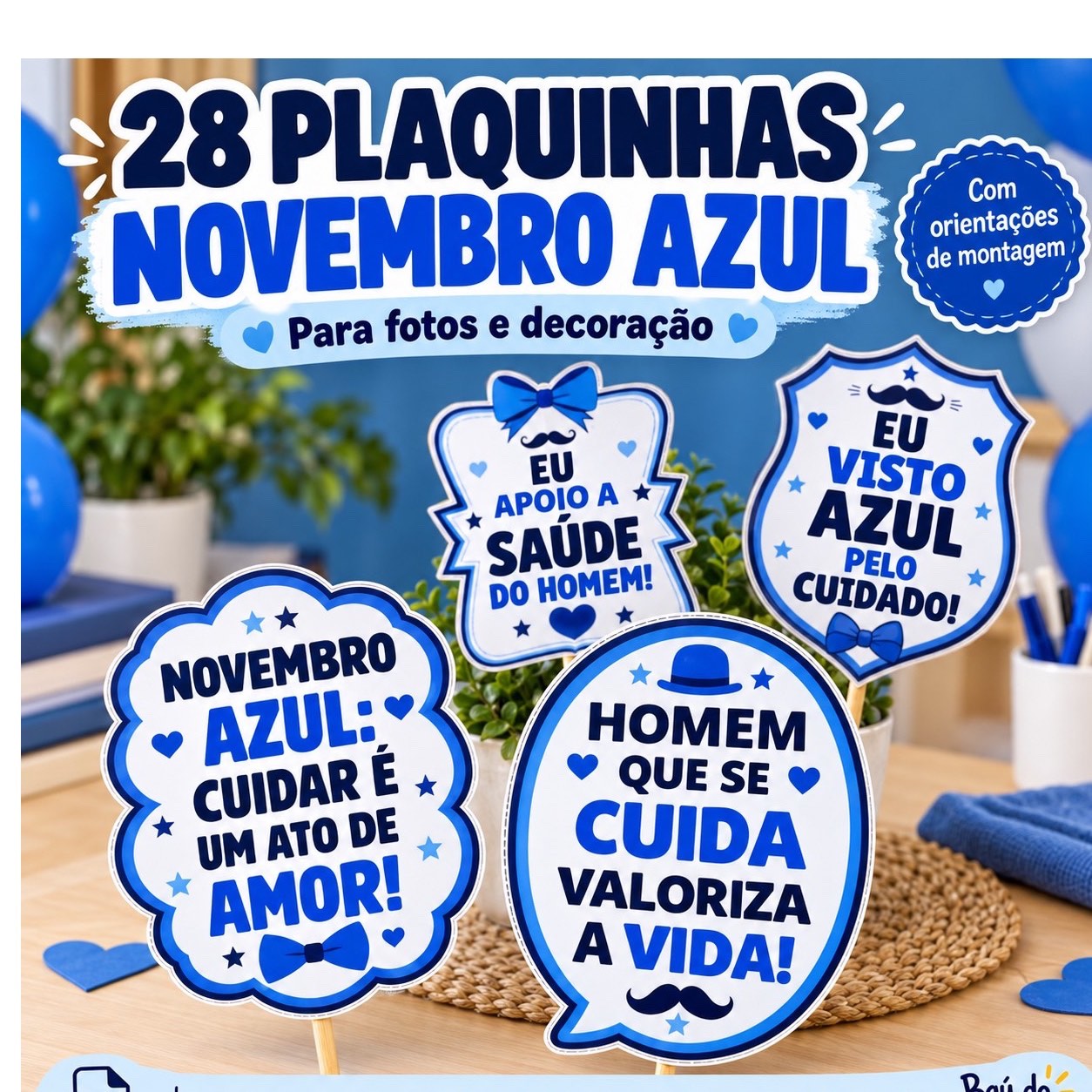 Capa de Novembro Azul: 4 Plaquinhas para Fotos em PDF