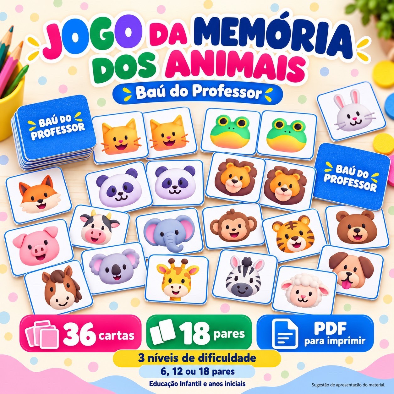 Capa de Jogo da Memória dos Animais para Imprimir — 18 Pares em PDF