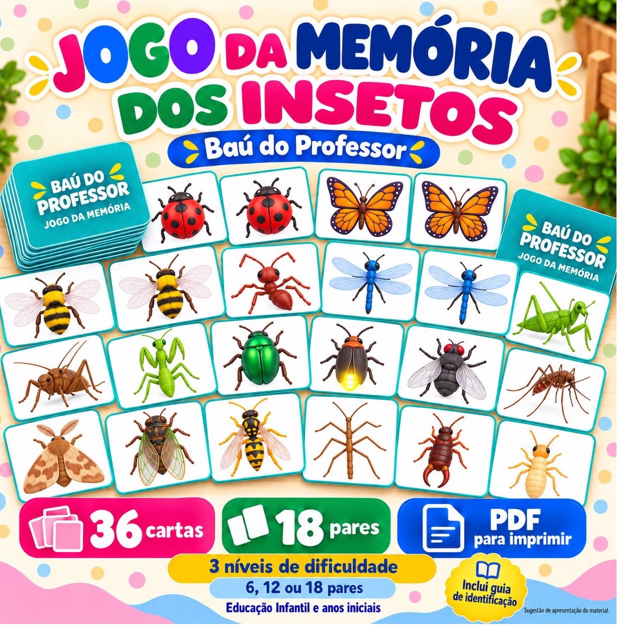 Capa de Jogo da Memória dos Insetos para Imprimir — 18 Pares PDF
