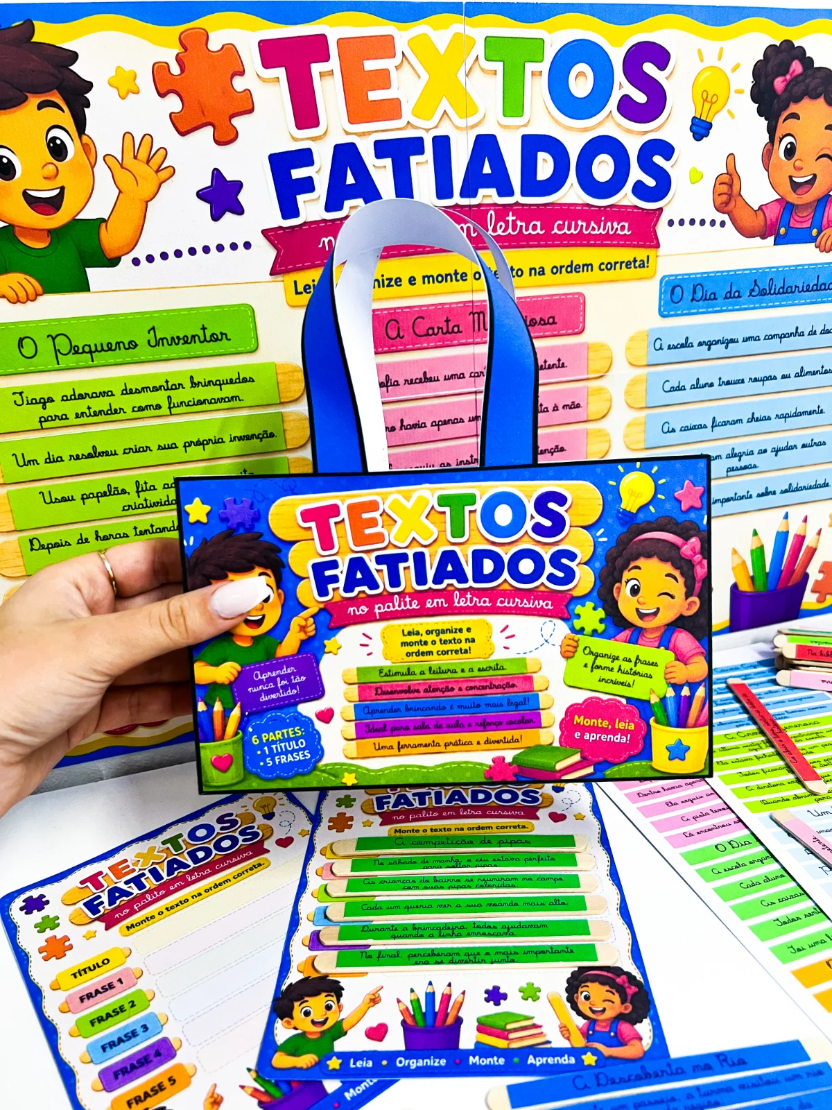 Capa de Textos Fatiados no Palito Letra Cursiva | Alfabetização