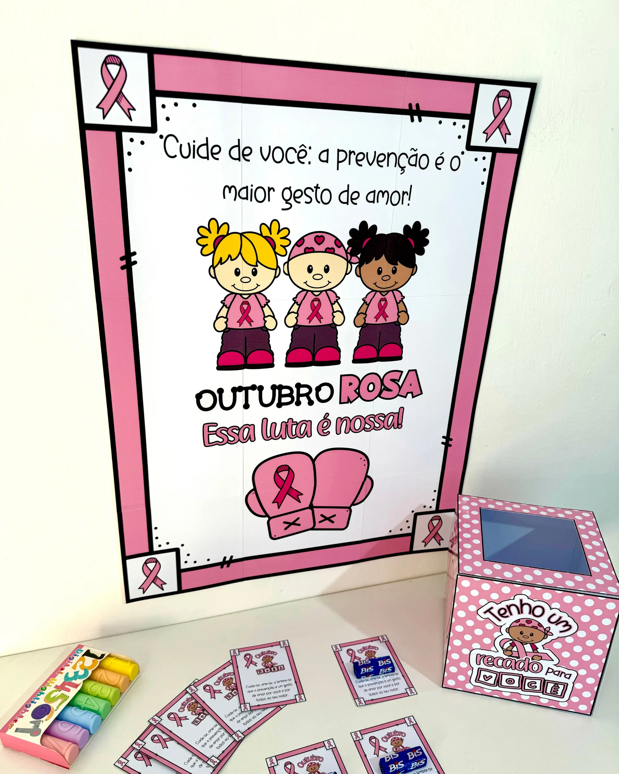 Imagem da galeria 3 de Kit Outubro Rosa para Educação Infantil e Ensino Fundamental – Caixa, Cartaz e Lembrancinha