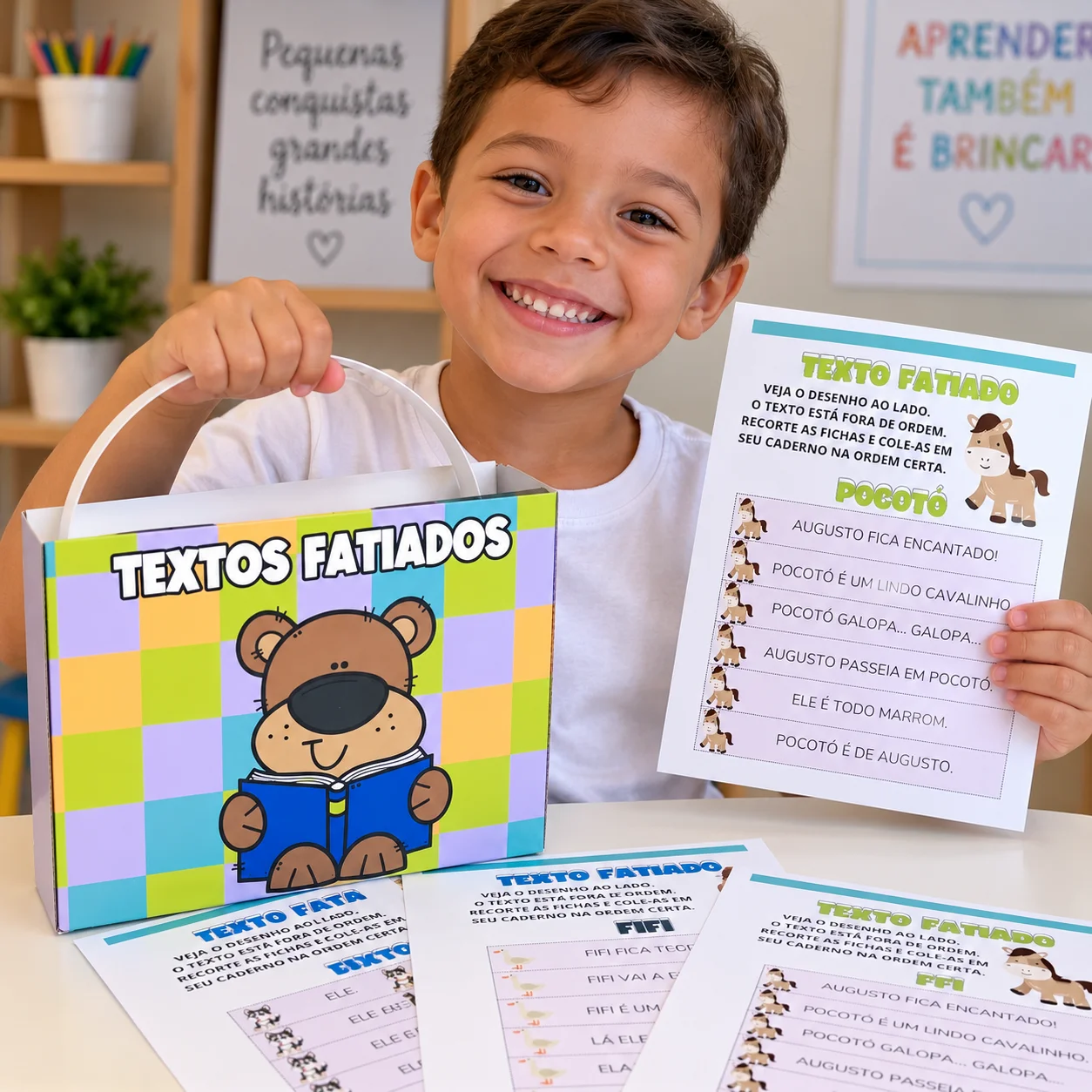 Capa de Textos Fatiados com Maletinha – Material Pedagógico