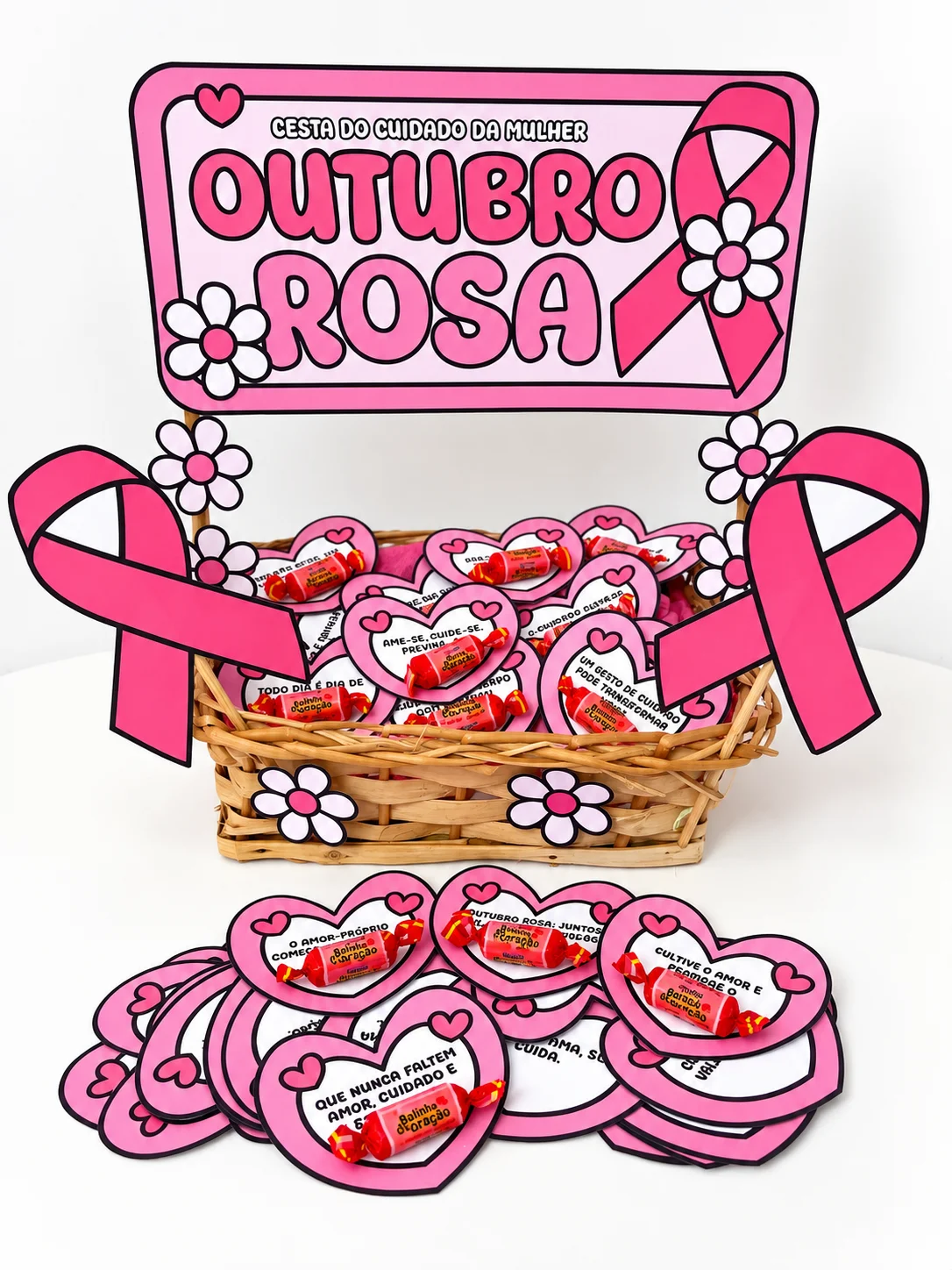 Capa de Cesta Outubro Rosa com Mensagens e Lembrancinhas