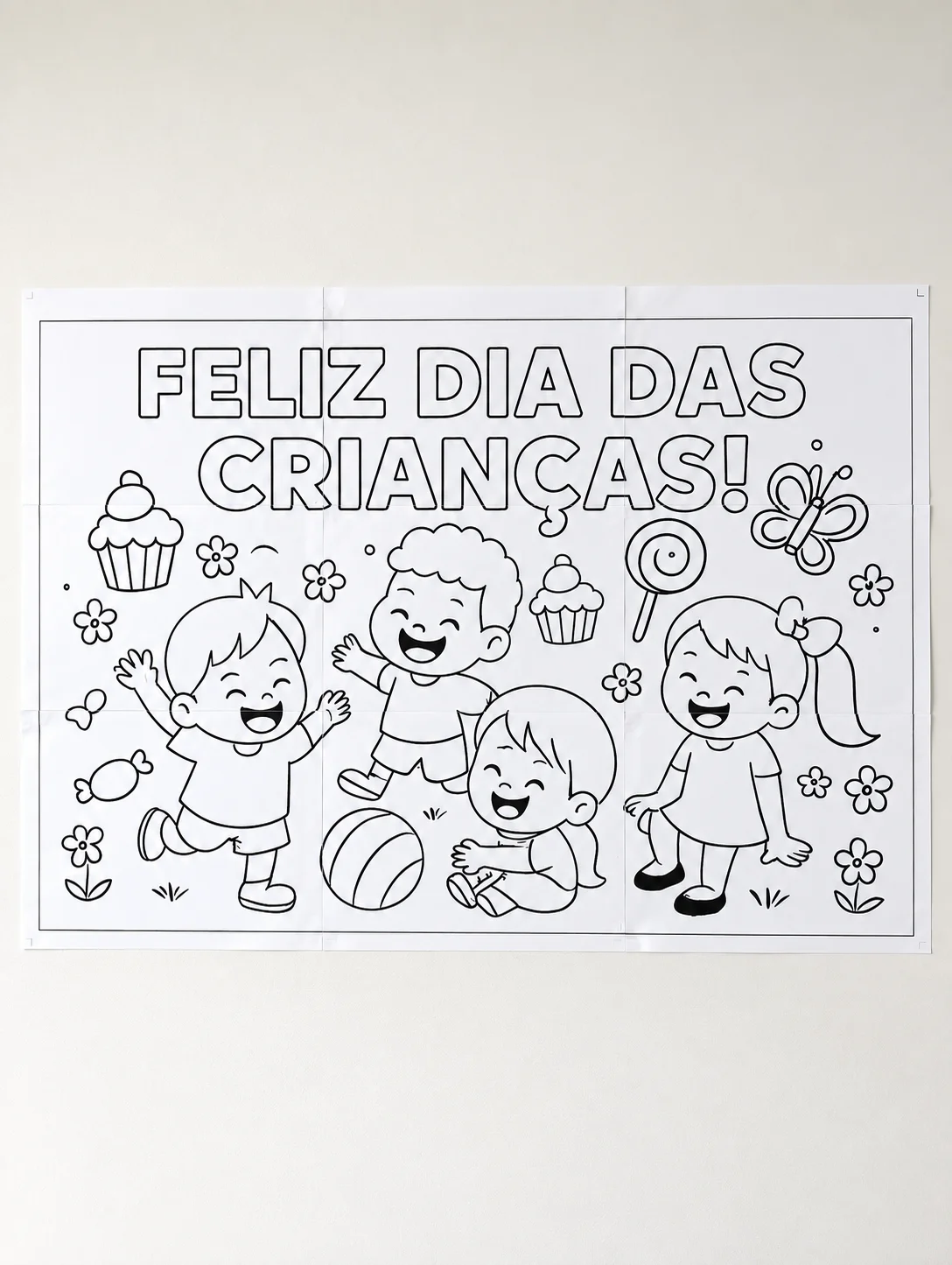 Capa de Painel Dia das Crianças para Colorir – PDF para Imprimir