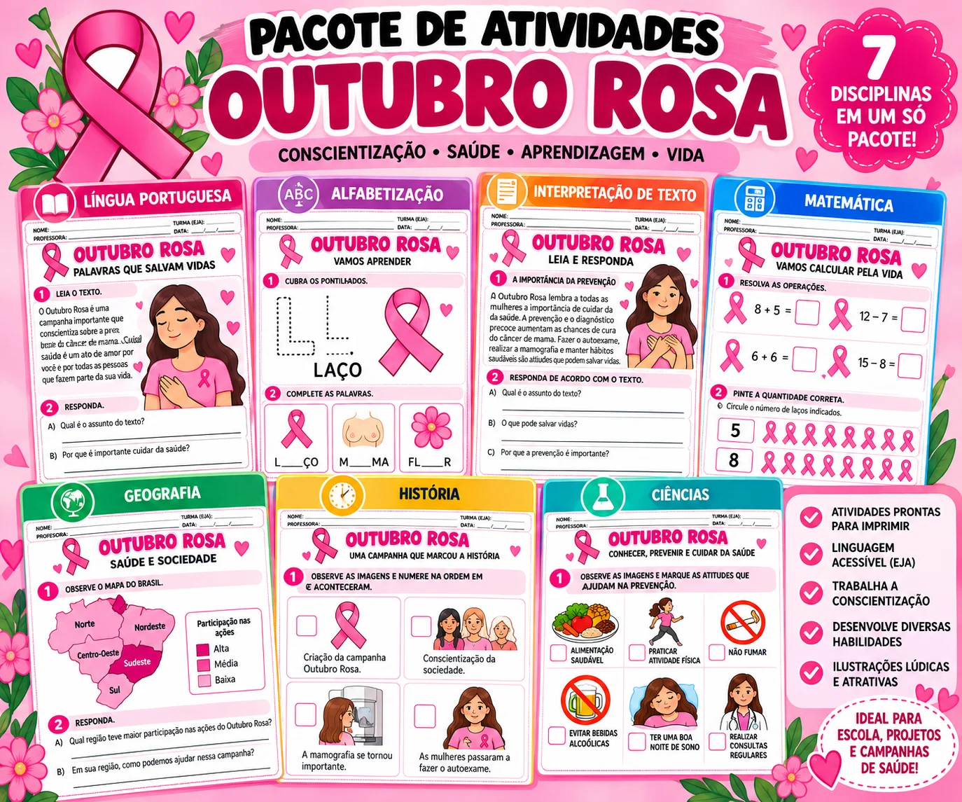 Capa de Outubro Rosa Pacote de Atividades PDF Ensino Fundamental Alfabetização