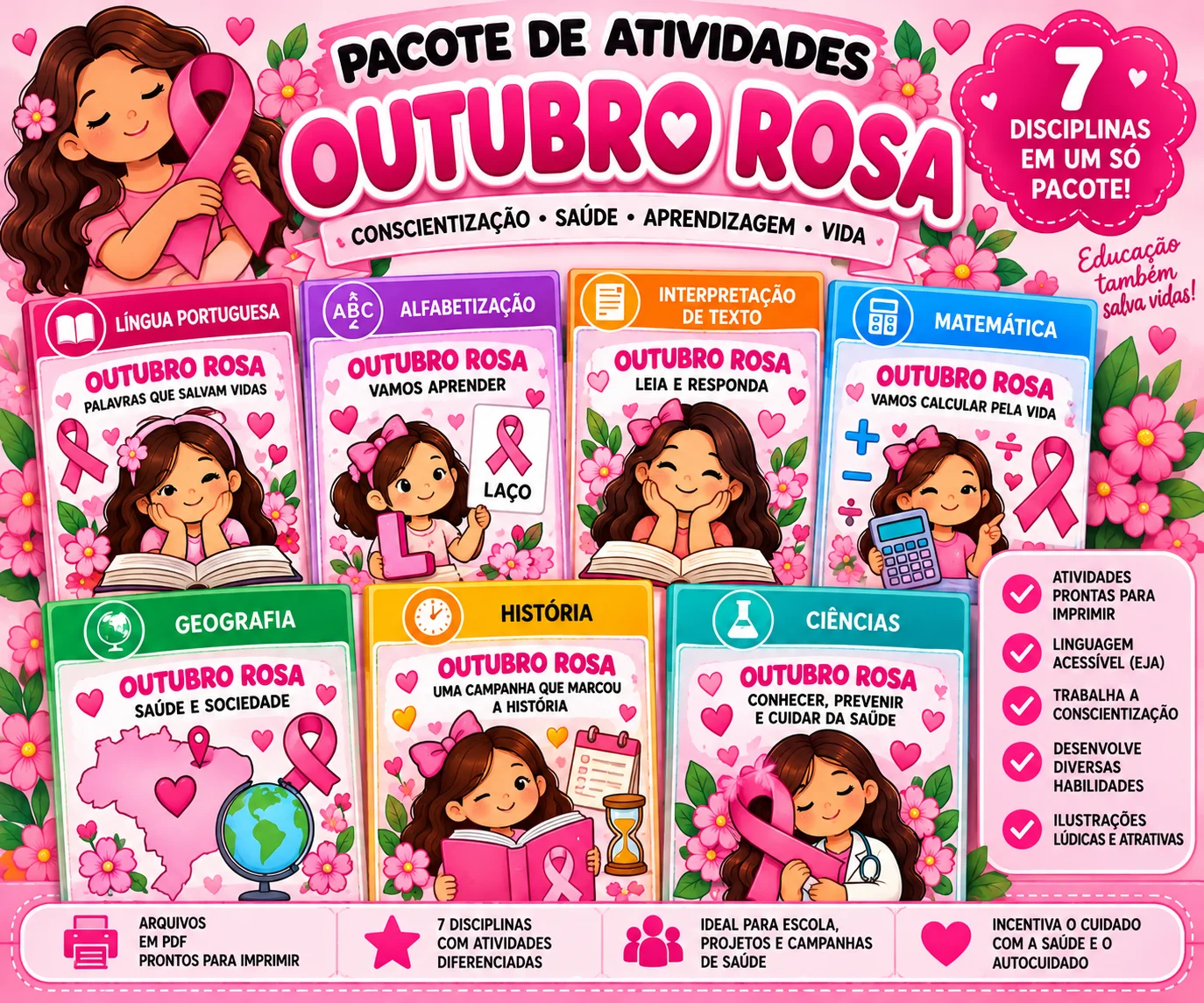Imagem da galeria 1 de Outubro Rosa Pacote de Atividades PDF Ensino Fundamental Alfabetização