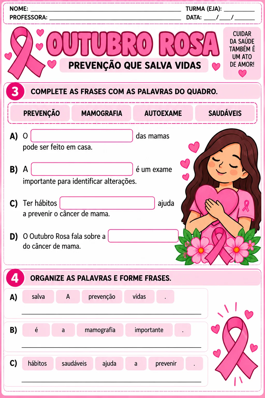 Imagem da galeria 2 de Outubro Rosa Pacote de Atividades PDF Ensino Fundamental Alfabetização