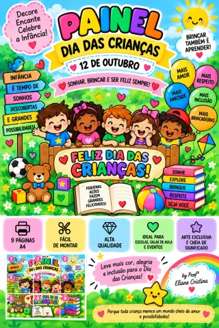 Capa do material: Kit Dia das Crianças completo e colorido, com jogos,lembrancinhas e painel.